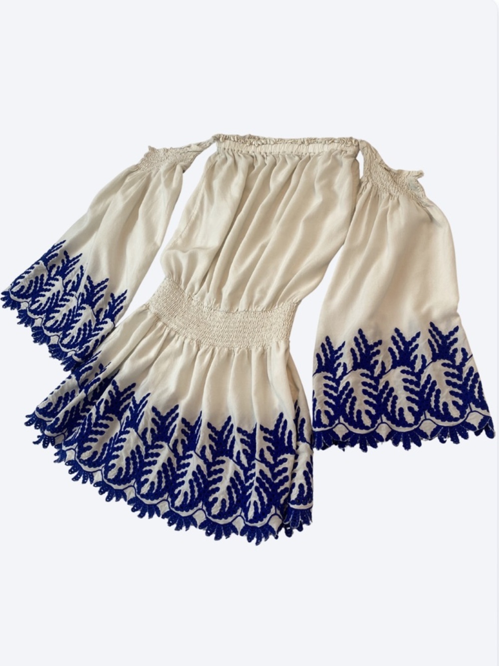 Ramy Brook Zena Embroidered Off Shoulder Mini Dress Blue and White Size XS - Picture 2 of 11